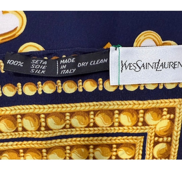 Yves Saint Laurent YSL Vintage Silk Scarf Navy Blue Gold Hearts - Picture 4 of 4